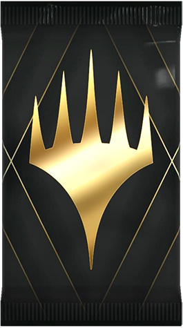 An image of a Magic Arena Golden Pack which is a black pack with a large golden planeswalker symbol on it.