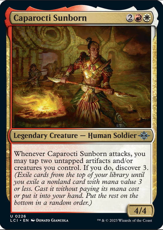 Caparocti Sunborn, com arte de Donato Giancola.  O texto das regras diz “Sempre que Caparocti Sunborn ataca, você pode virar dois artefatos e/ou criaturas desvirados que você controla.  Se você fizer isso, descubra 3.