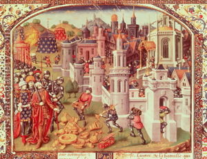 In the foreground of this image of Jerusalem's capture, Crusaders pile up the loot in the foreground as the city burns.