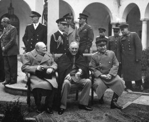 From left: Winston Churchill (PM Great Britain), Franklin Roosevelt (President United States) and Joseph Stalin (Premier USSR).  