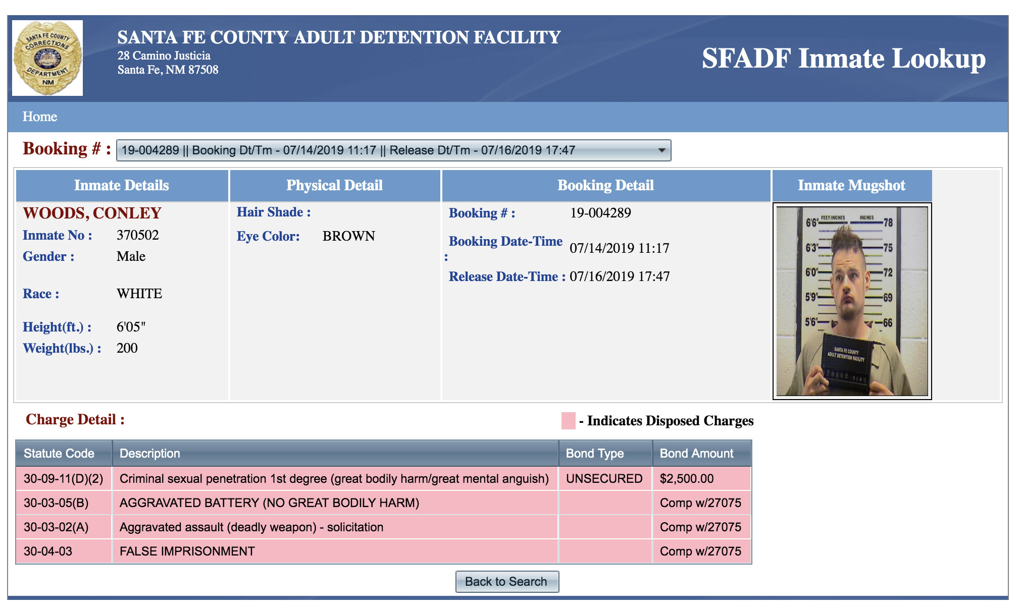 Conley Woods was charged on 7/14/19 and released on 7/16/19