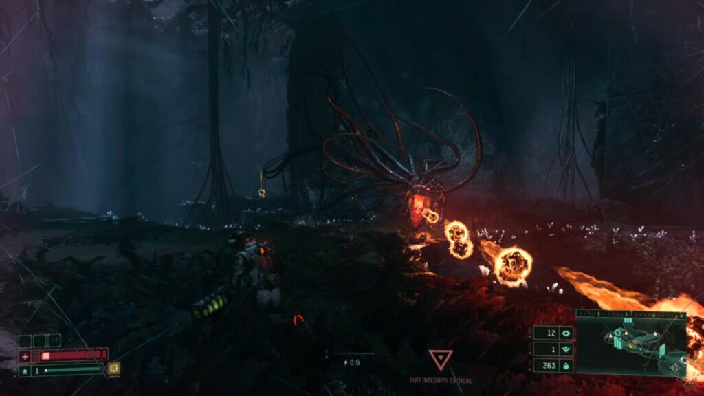 A tentacled monster spitting orange energy blasts at the player