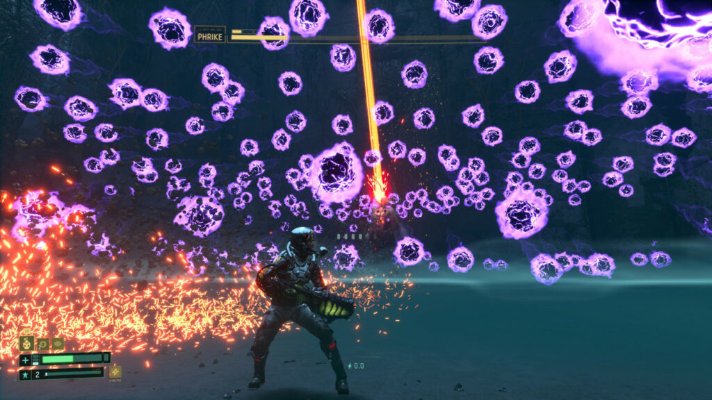 The player surrounded by a massive barrage of purple energy balls, as well as some bright orange sparks