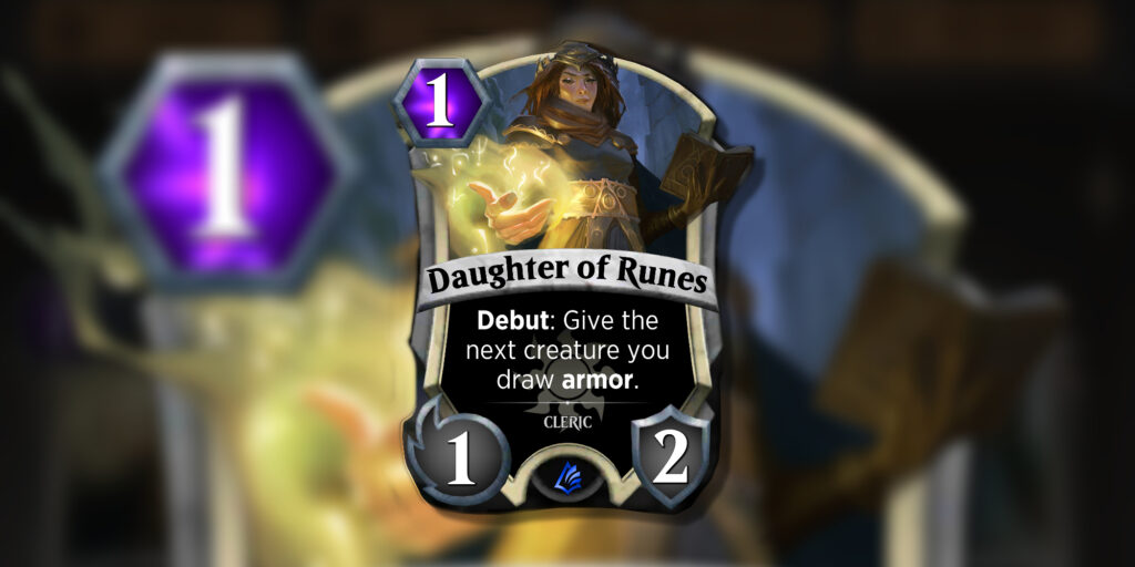 A screenshot of the Magic Spellslingers card Daughter of Runes.