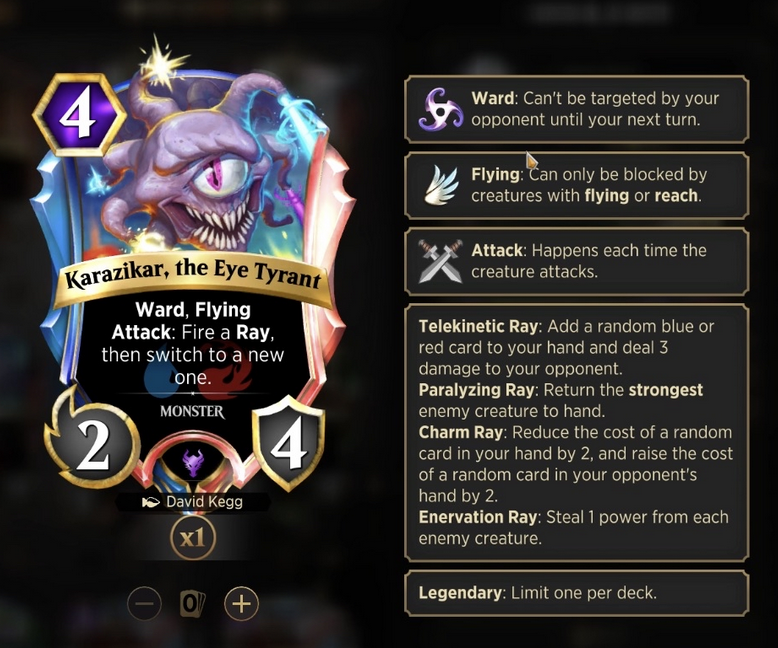 A screenshot of the Magic Spellslingers card Karazikar, the Eye Tyrant.