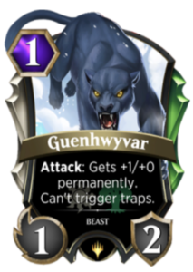 A picture of the new version of the Spellslingers card Guenhwyvar. This card costs one mana and has one power and two toughness. Whenever it attacks, it gains one power permanently. It can't trigger traps.