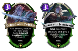 A picture of the Spellslingers cards Defend with Twinkle and Strike with Icingdeath. The cards are side-by-side. Defend with Twinkle is a spell that costs three mana. It gives one of your friendly creatures the ward ability as well as two toughness. It puts a copy of Strike with Icingdeath into your hand. Strike with Icingdeath is also a spell that costs three mana. It has the ability to stun an enemy creature, and give one of your friendly creature's a bonus of two power.