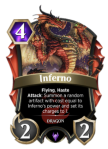 A picture of the Spellslingers card Inferno. This is a red creature card with the Dragon type. It has the flying and haste abilities. It has two power and two toughness and costs four mana. When it attacks, you gain a random artifact with mana cost equal to Inferno's power. That artifact enters play with only one charge.