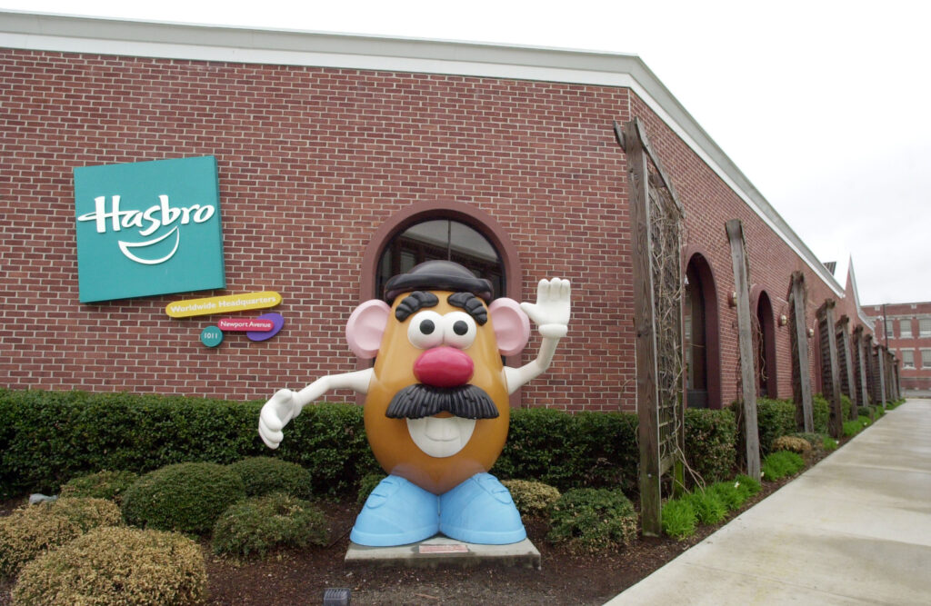 A picture of Hasbro's main offices with a very large Mr. Potato Head statue outside.