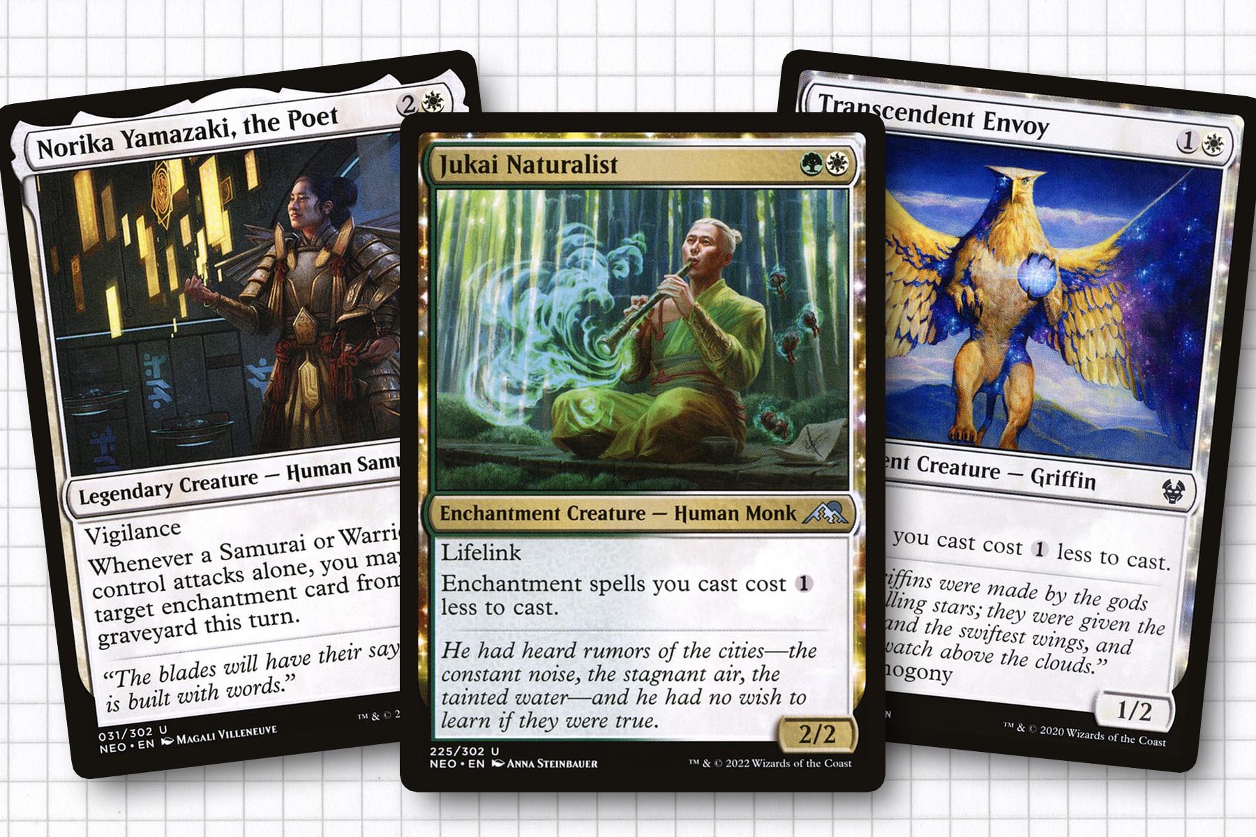 Notable enchantment-matters cards Norika Yamazaki, Jukai Naturalist, and Transcendent Envoy