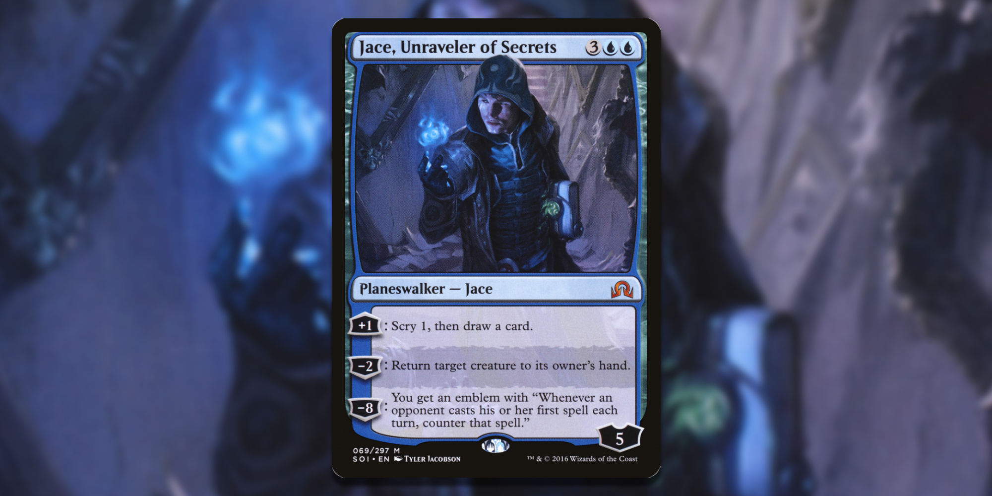 Card of Jace Unraveler of Secrets over Art Background