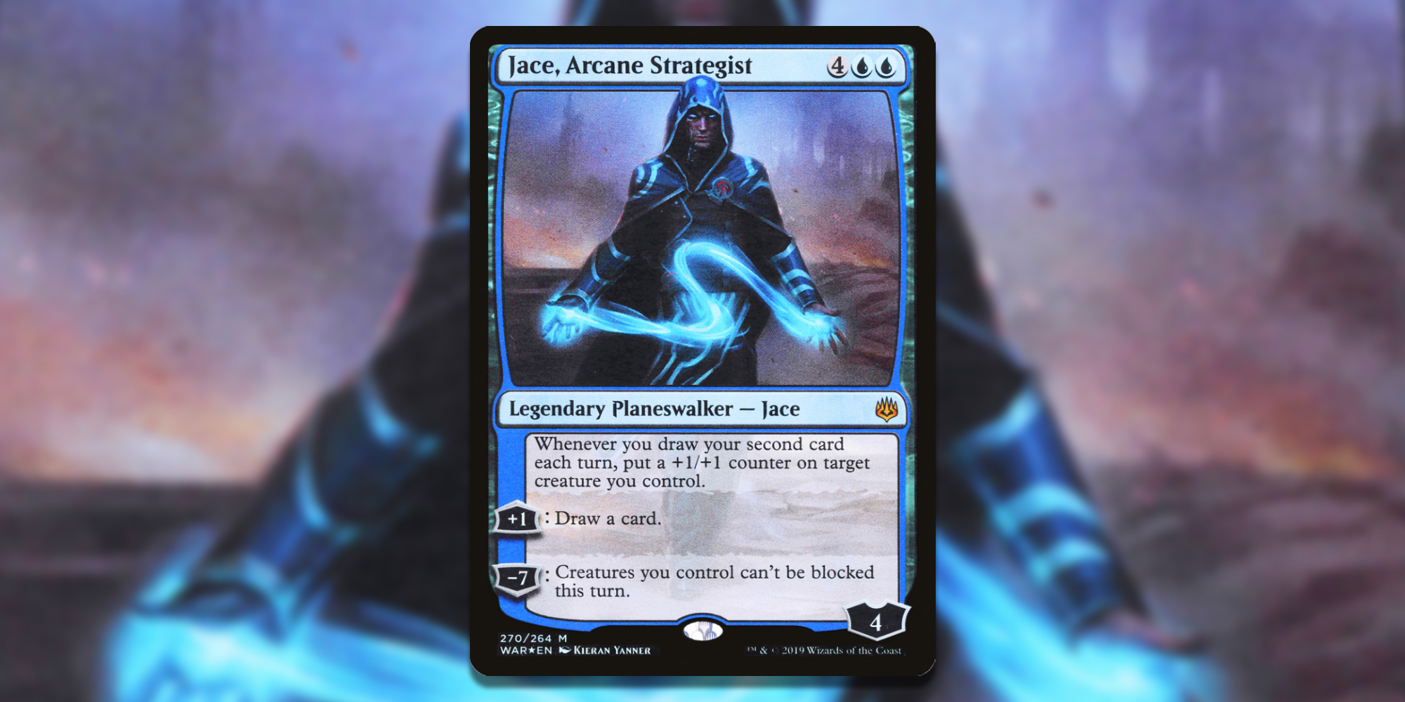 Card of Jace Arcane Strategist over Art Background