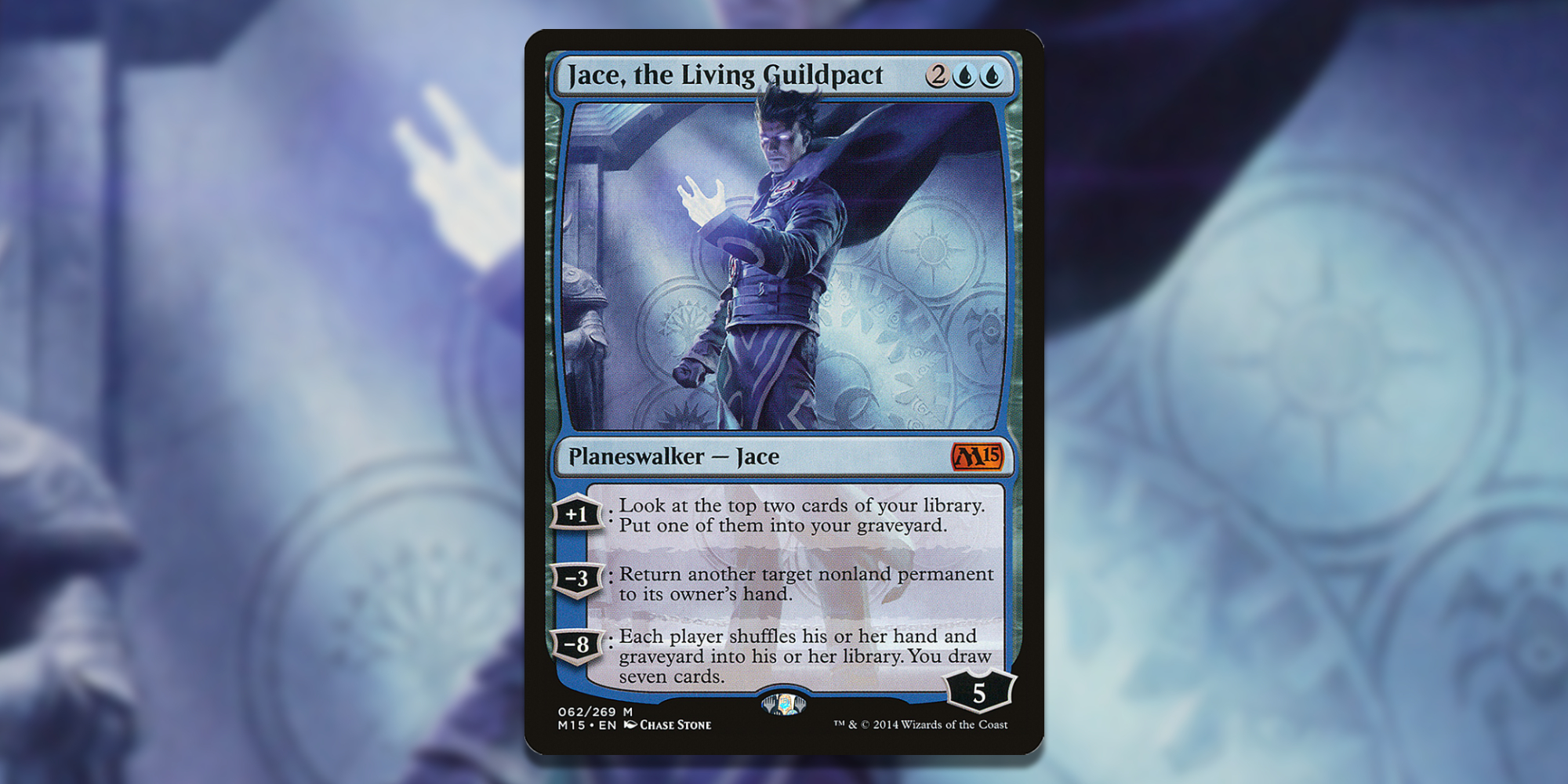 Card of Jace the Living Guildpact over Art Background