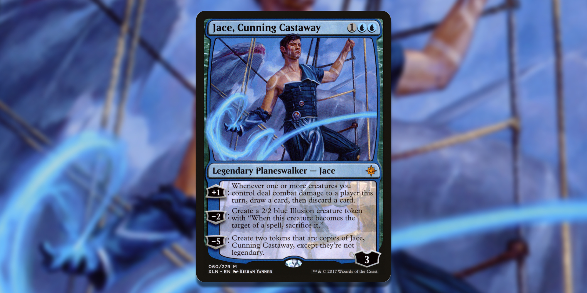 Card of Jace Cunning Castaway over Art Background