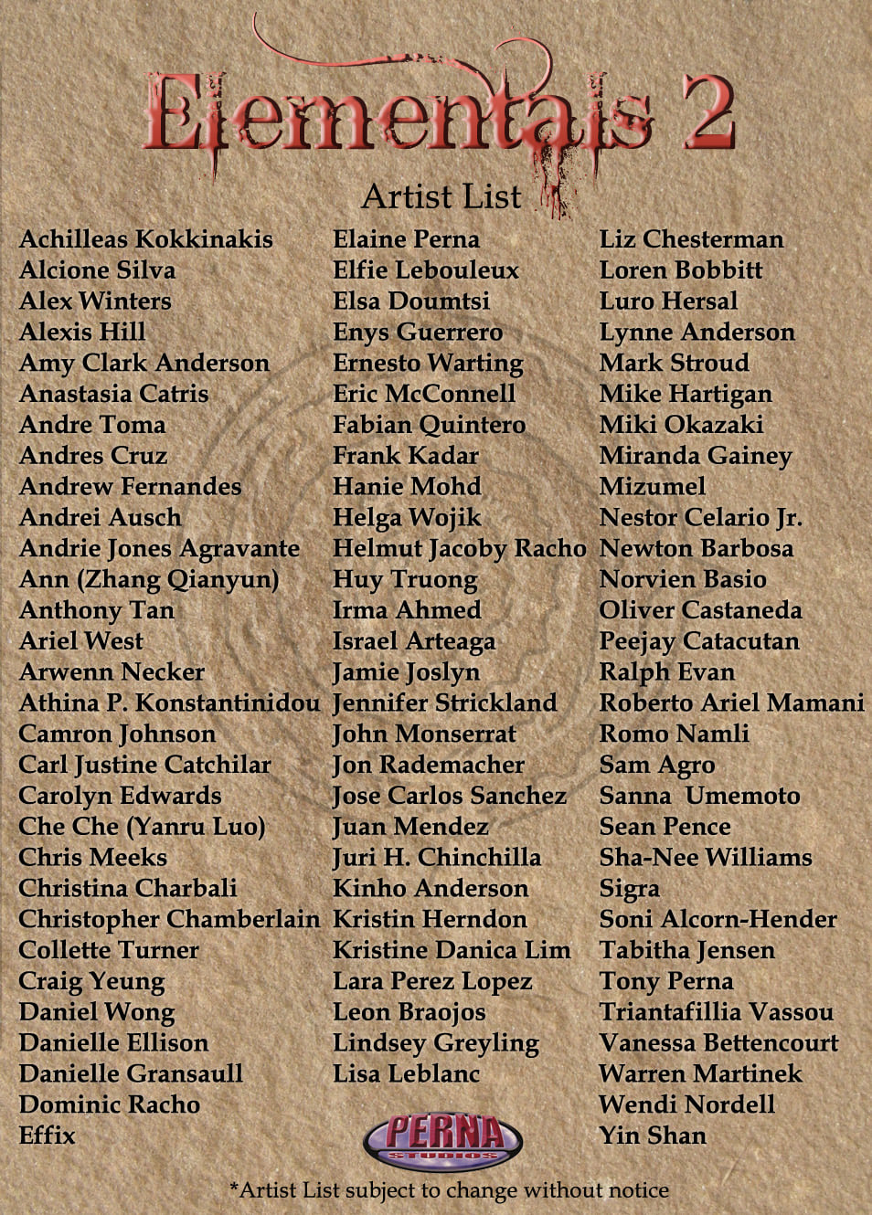 The Artist List for Elementals 2