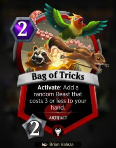 The Spellslingers card Bag of Tricks, which reads, "Activate: Add a random Beast that costs 3 or less to your hand."