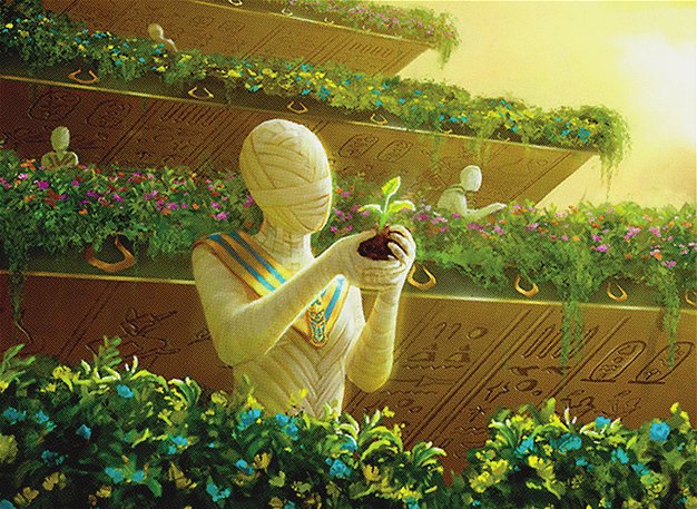 A mummy holds a small green plant, while standing on a terraced garden of blooming plants