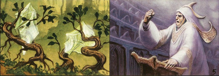 There are two images. One the left, saplings grow out of the ground, holding large crystals in their branches. On the right, a politician in flowing robes makes a speech to a crowd of other politicians.