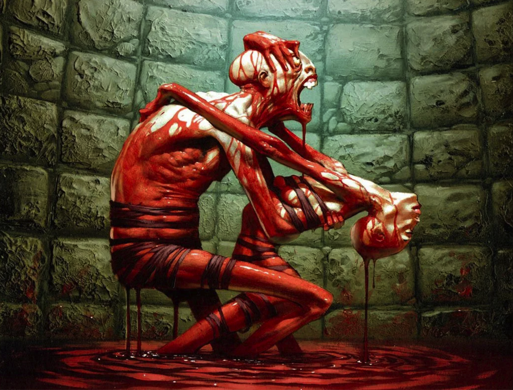 Art for Macabre Waltz by Jim Murray. Two intertwined bodies dancing in a pit full of blood.