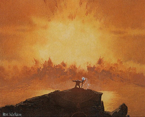 A mage stands on a cliff in front of an explosion