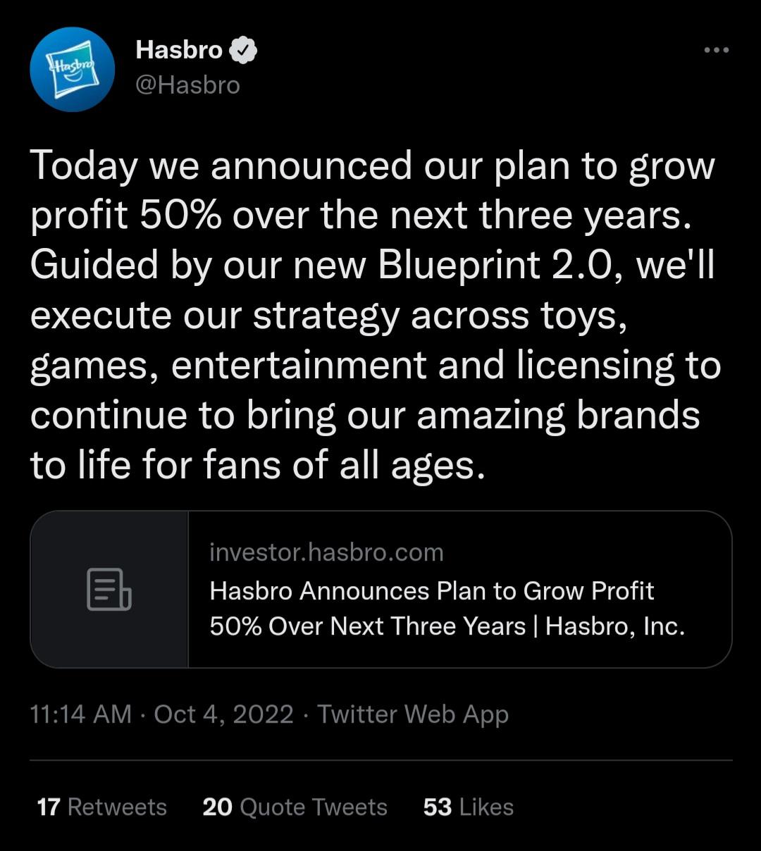 Tweet from Hasbro reading: Today we announced our plan to grow profit 50% over the next three years.