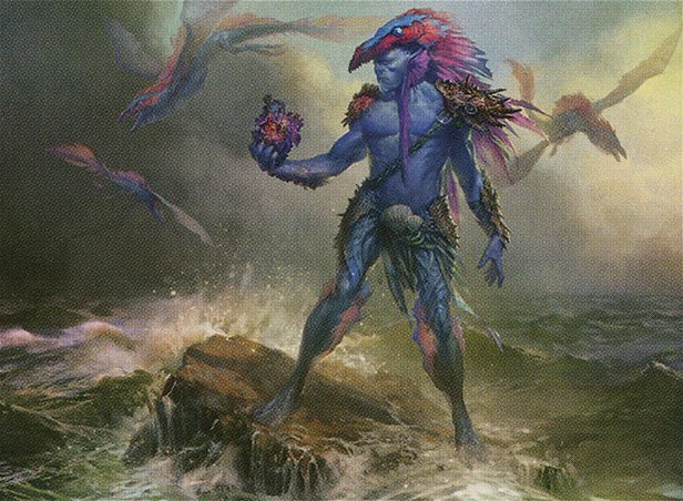 A merfolk stands on rocks as waves crash, two drakes fly above