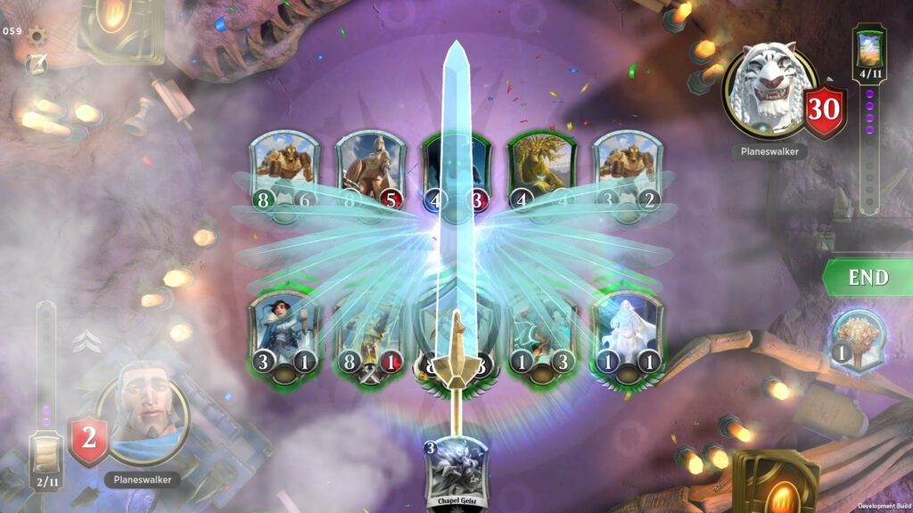 A screenshot of Magic Spellslingers gameplay, with a huge ethereal sword floating over the battlefield.