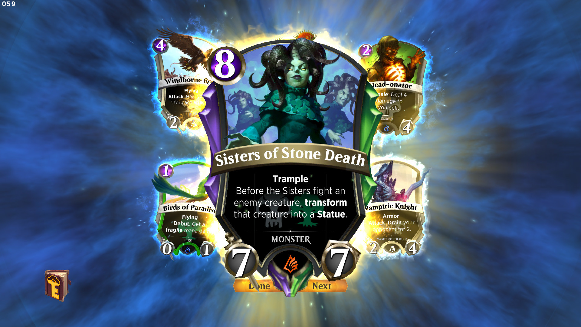 A screenshot of the Spellslingers card Sisters of Stone Death.