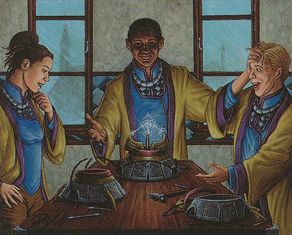 An illustration of three people in matching wizard clothes, standing around metal contraptions on a table. The person in the middle is excited to show that their device sparking electricity