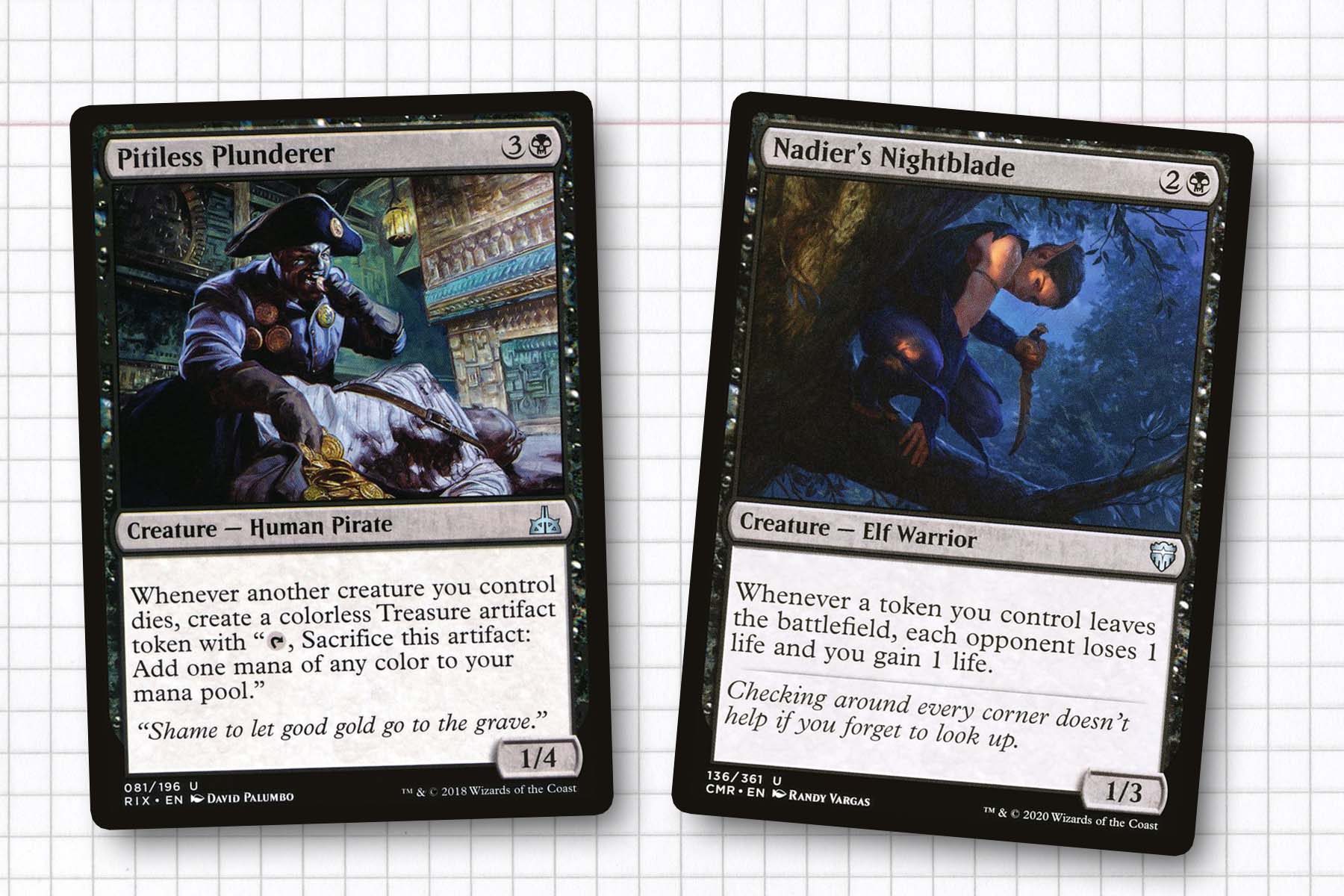 Pitiless Plunderer and Nadier’s Nighblade, two pieces of a token sacrifice engine within the deck