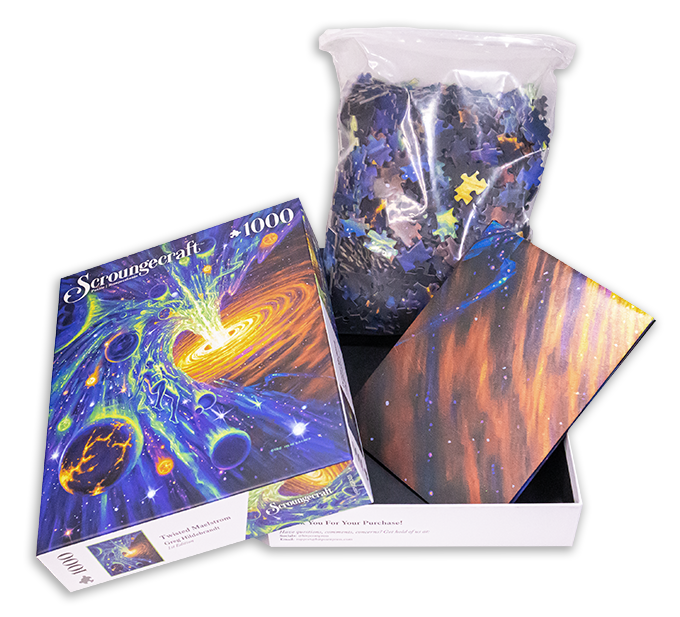 Puzzle Packaging Example: open box with bag of puzzle pieces and a folded full art poster.