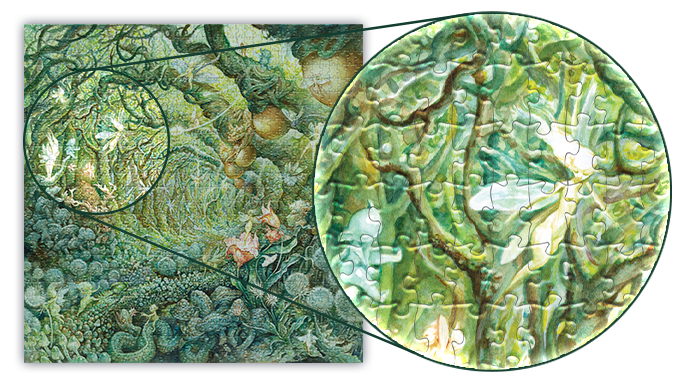 Puzzle Detail: zoom in on a faerie hidden in a dense forest scene.