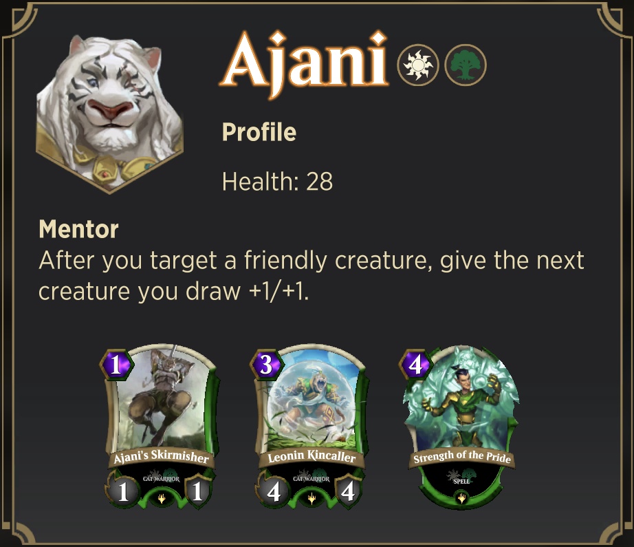 A screenshot of Ajani's Spellslinger info panel.