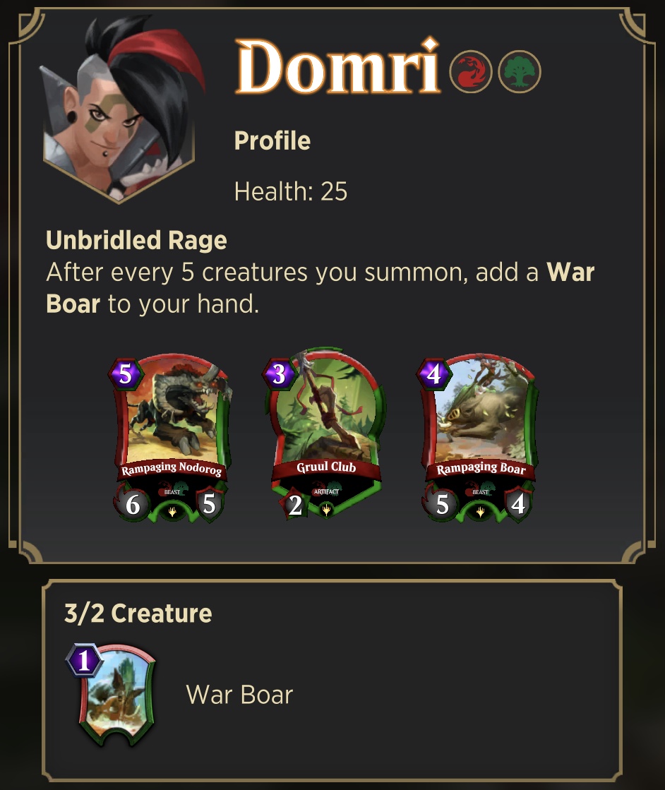 A screenshot of Domri's Spellslinger info panel.