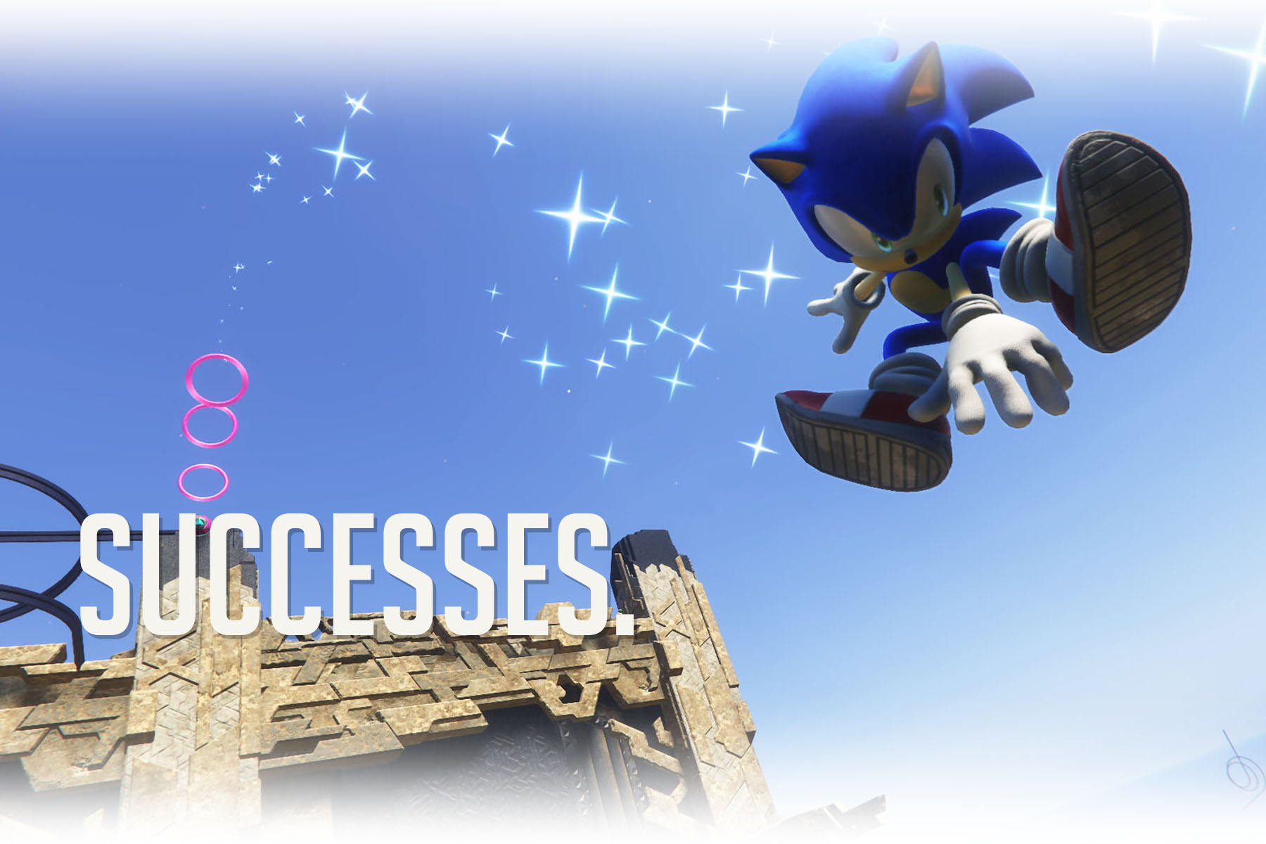 Sonic soaring through the air after jumping off a grind rail.. Text reads “Successes''