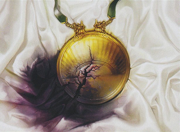 A medallion lies on silk sheet. It is cracked open, through the middle, and a dark liquid is leaking out of it to stain the fabric.