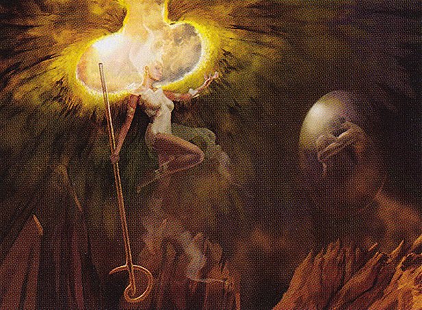 A staff-wielding angel floats above the ground, bringing a human toward them. The human is inside a large translucent egg, while in the fetal position. The sun is piercing through the darkness, illuminating the hair and upper feathers of the angel.