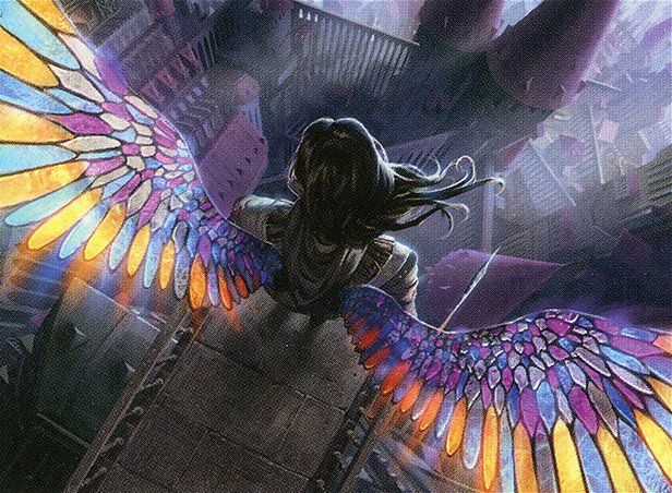 A person stands on a buttress of a tall church, looking down through the darkness below. Spires and other towers are well below them. Coming from their shoulders are two large wings, constructed as if from stained glass, with a warm glow.