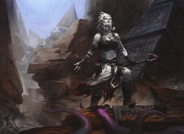 A Kor cleric stands in a jagged, rocky valley. At her feet lies the tentacles of an Eldrazi. She's holding a pair of grappling hooks, looking upward in triumph.