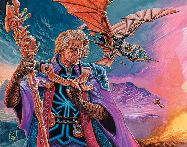 Urza, a Magic: The Gathering planeswalker, is wearing flowing robes, carrying a staff, and has long hair and a short beard. He stands in front of of a mountain range, with an airship dropping bombs behind him.