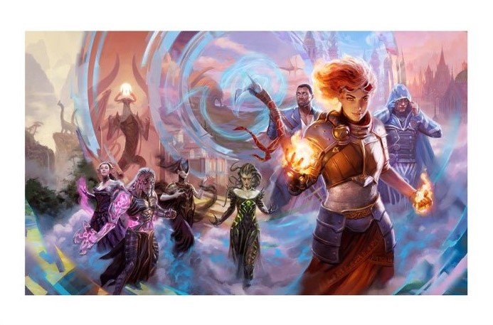 A multilayered representation of planeswalkers in Magic: The Gathering. It's visually centered in the staff of Teferi, a spellcaster who's staff is creating a spiraling ripple of magic around the piece. Those ripples of energy serve as dividing lines between glimpses of various planes, such as dinosaurs in Ixalan or the city spires of Ravnica. Coming towards you are several Magic planeswalkers, including Chandra, Jace, Tezzeret, Vraska, Ashiok, and Liliana.