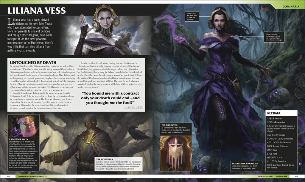 A visual breakdown of the Magic: The Gathering planeswalker, Liliana Vess. She is depicted in her trademark off-the-shoulder gown, complete with tiara and Chain Veil at her waist. Her eyes have a sinister but confident energy coming from them, as zombies crawl up around her legs to listen to her commands.