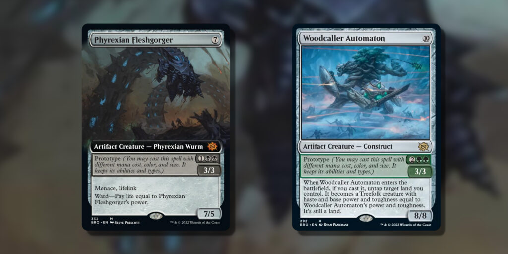 Phyrexian Fleshgorger and Woodcaller Automaton cards