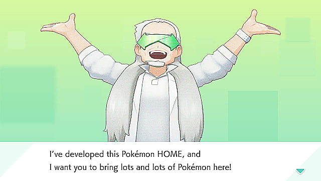 A screenshot from the Pokémon Home app, showing an old man with neon green sunglasses in the shape of arrows holding his arms wide apart as he exclaims: ‘I’ve developed this Pokémon Home, and I want you to bring lots and lots of pokémon here!