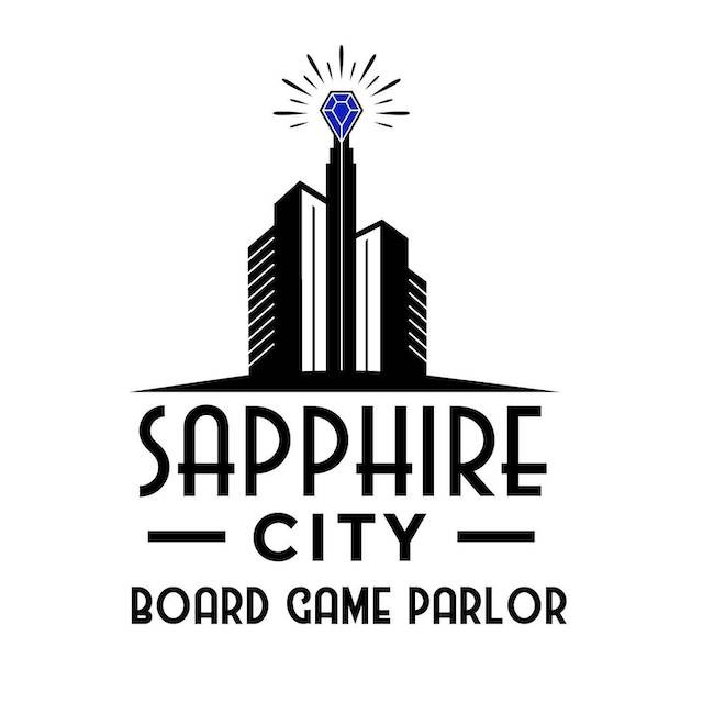 The logo for Sapphire City, a board game "parlor" business in Canton, Ohio. It features an illustration of skyscrapers, with a tower rising up from the middle, hoisting up a jewel that is radiating energy.
