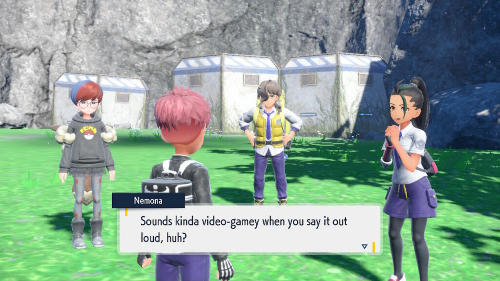 The main cast of Pokémon Scarlet and Violet are gathered together, looking at each other uneasily as one of them says ‘Sounds kinda video-gamey when you say it out loud, huh?’