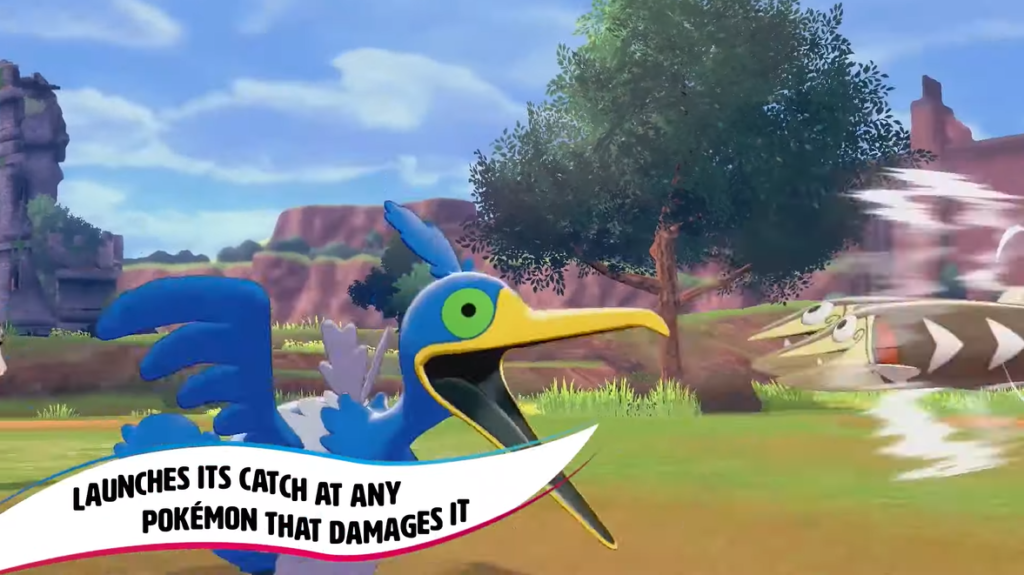 Cramorant, a pokémon from one of the previous games, which looks like a bright blue seagull spitting out of a dart-shaped fish at a high speed. This is a screenshot from an informative video, and text overlaid onto this image says ‘Launches its catch at any pokémon that damages it’.