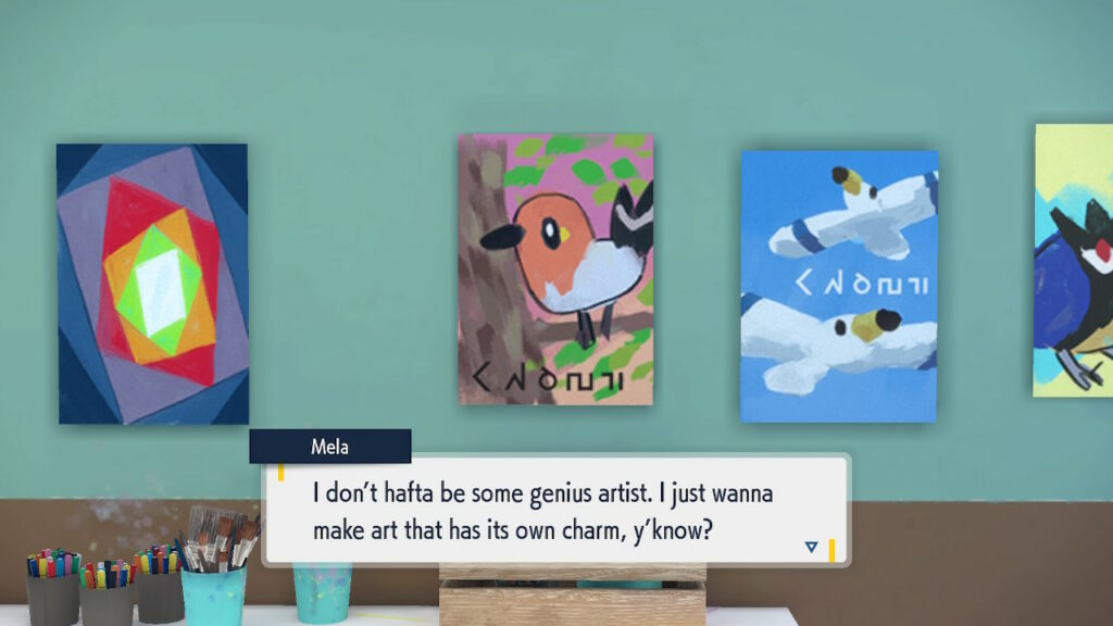 In a scene from Pokémon Scarlet and Violet, the player observes some sloppy children’s drawings of several pokémon hung up on the wall of a classroom, while one character says: ‘I don’t hafta be some genius artist. I just wanna make art that has its own charm, y’know