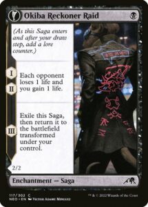 The Magic: The Gathering card, Okiba Reckoner Raid. An anthropomorphic rat is standing on a nighttime city street, wearing a motorcycle jacket, with biker gang symbols on the back of it. 