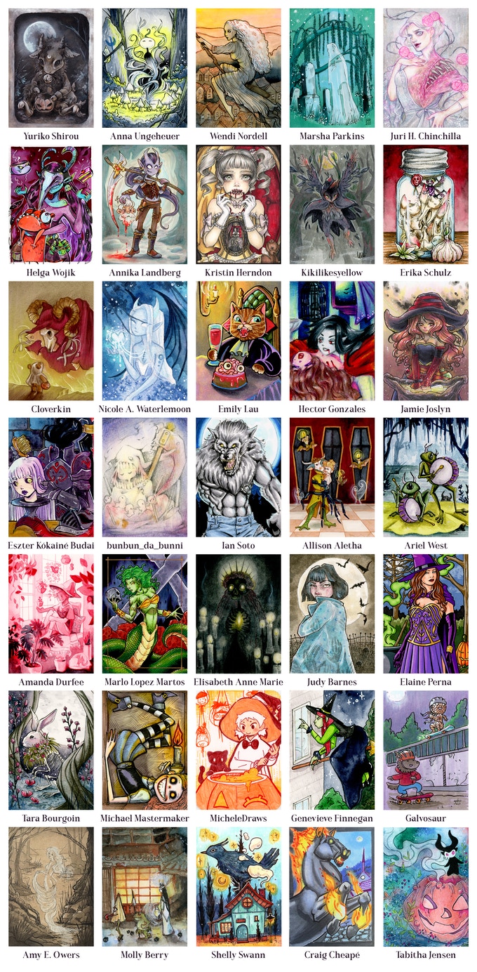 Combined view of 35 sketch cards with artist names below, arrayed in a 7x5 grid.